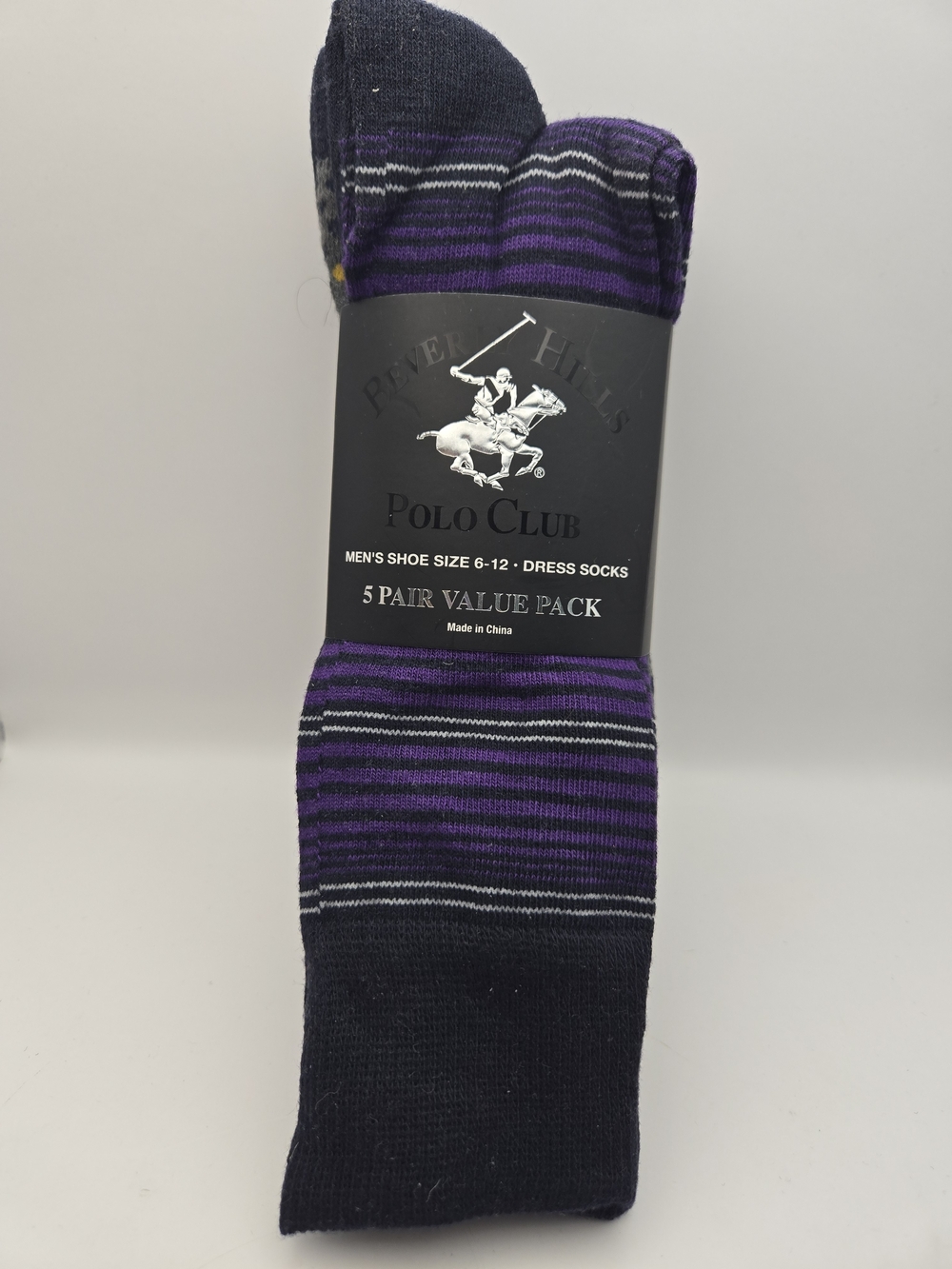 Beverly Hills Polo Club Men's Purple & Black Striped Dress Socks - 5 Pair Pack